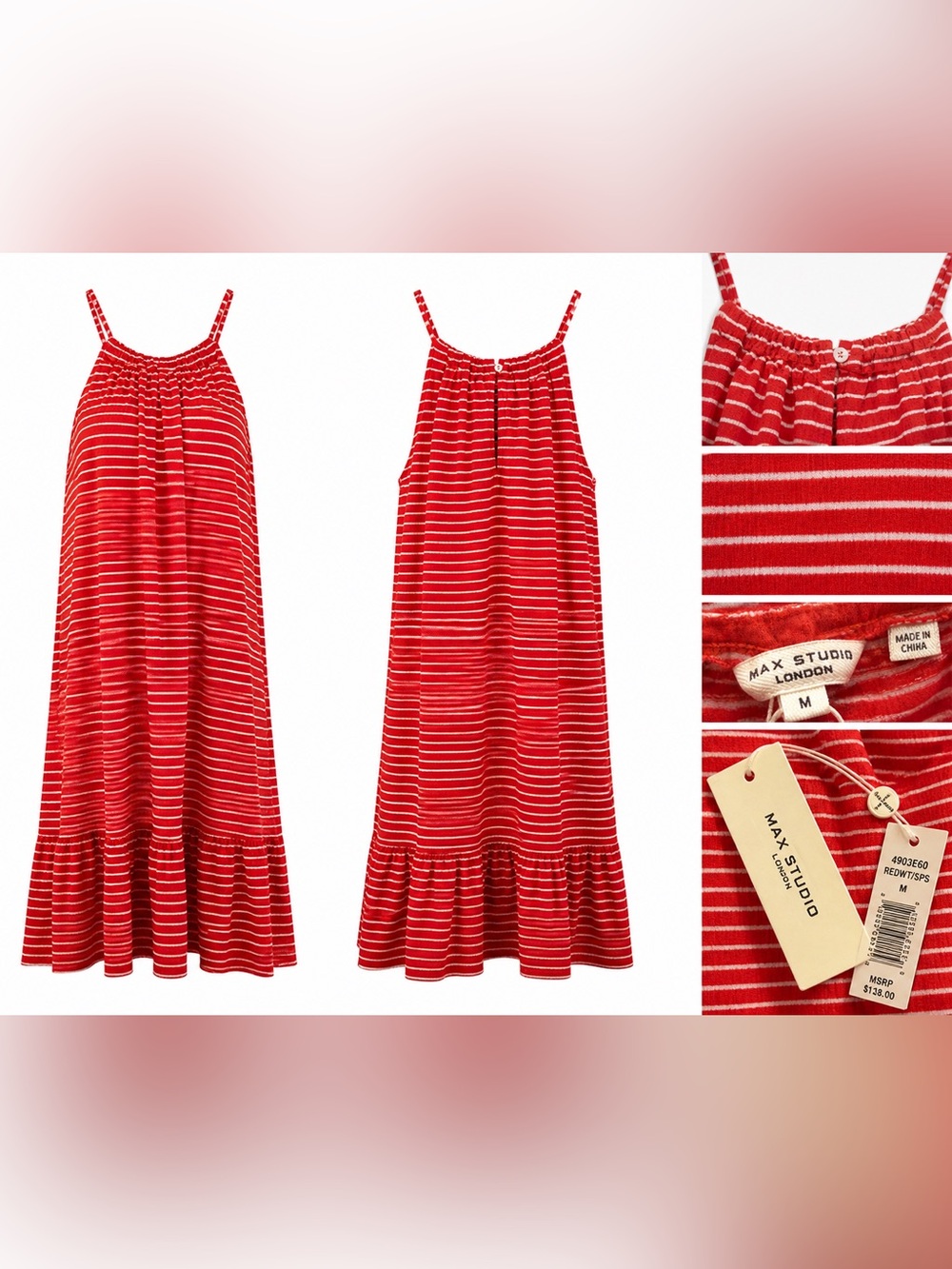 Max Studio London Red and White Striped Ruffle Hem Halter Dress Size M NWT